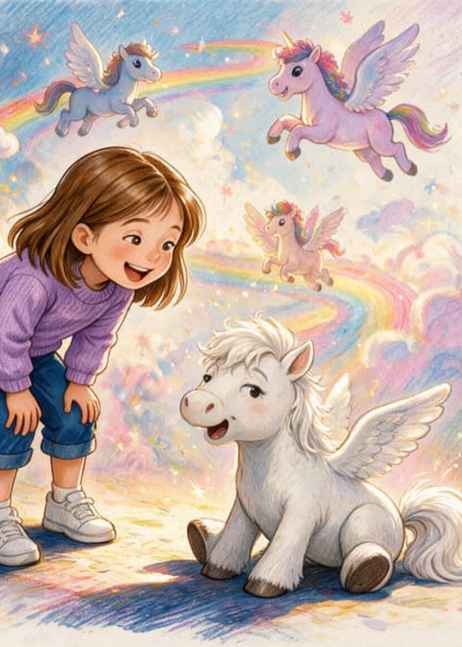 Lara se agacha sonriendo frente a Nube, un poni blanco con alas, mientras otros ponis vuelan sobre un arcoíris