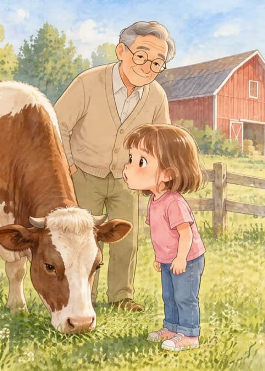 Sofía, con camiseta rosa, frunce los labios para decir muu junto a una vaca que come hierba mientras el abuelo Antonio sonríe detrás