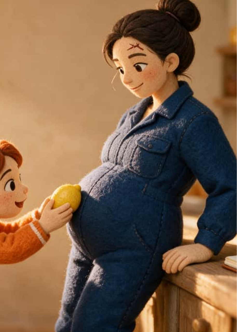 Elena acerca un limón a la tripa de su madre Vera en la cocina