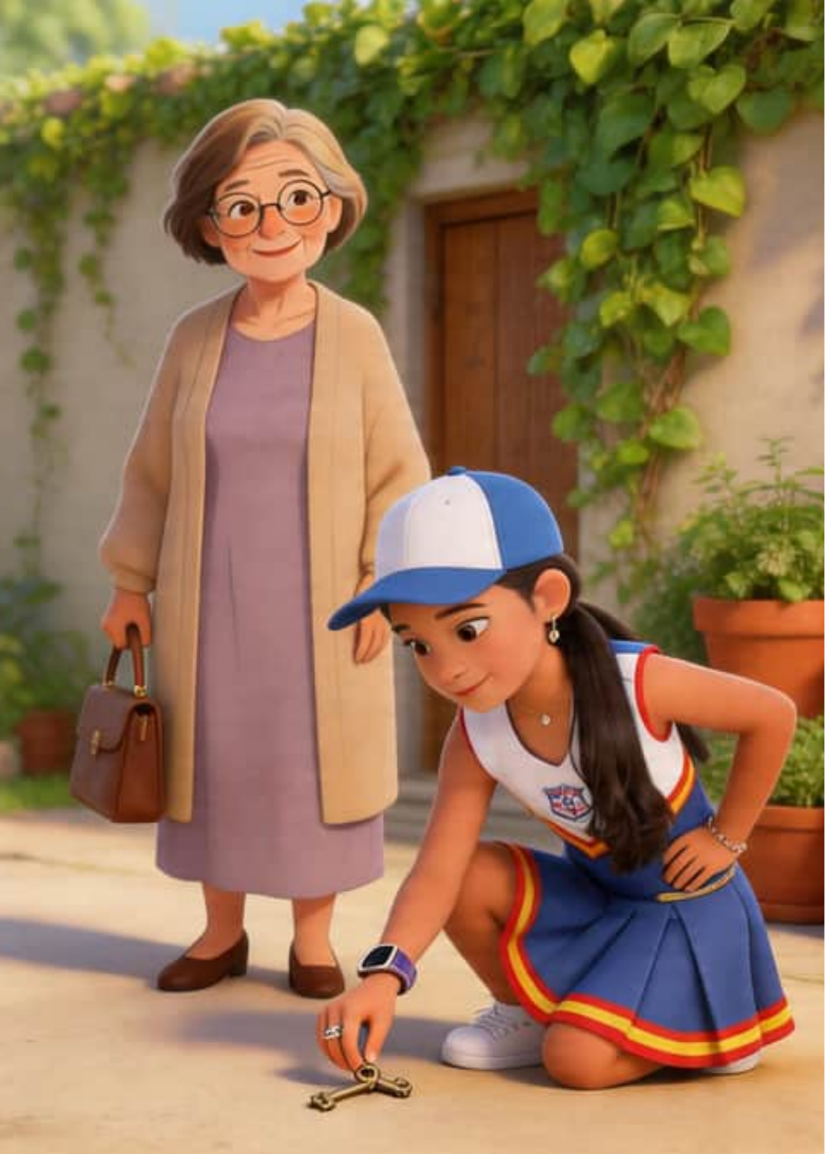María José recoge la llave vieja del suelo del patio mientras su abuela la observa junto a las macetas