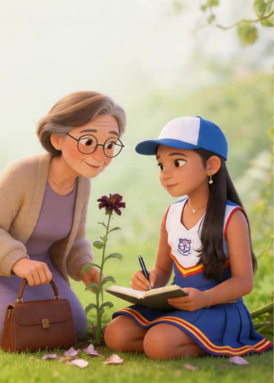 María José anota en su libreta los colores de una flor del jardín secreto mientras su abuela riega a su lado