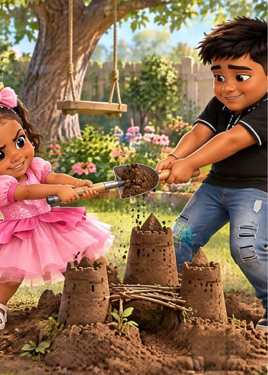 Alexa y Julián tiran a la vez de la única pala junto a los castillos de tierra del jardín