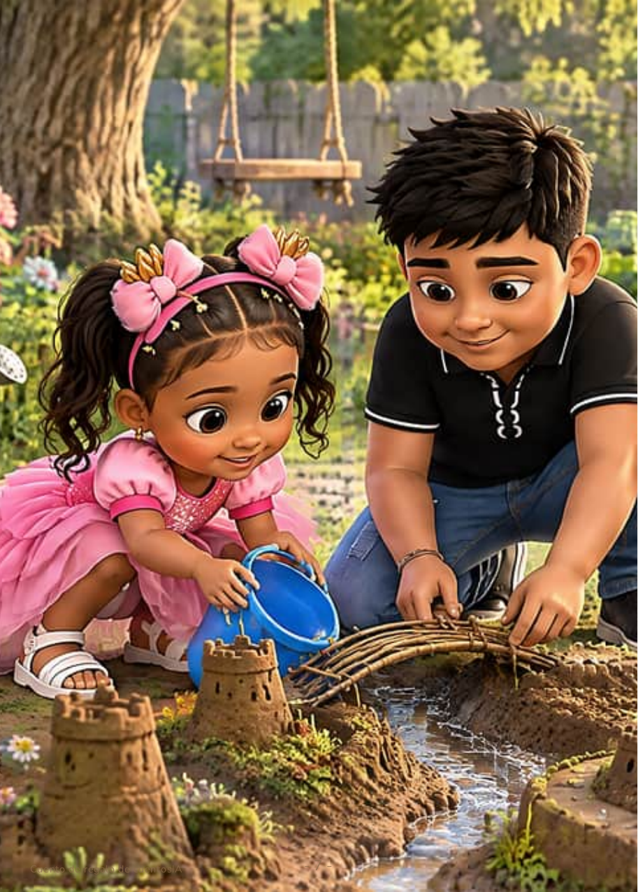 Alexa y Julián, agachados juntos, colocan ramitas sobre un caminito de agua para construir el puente
