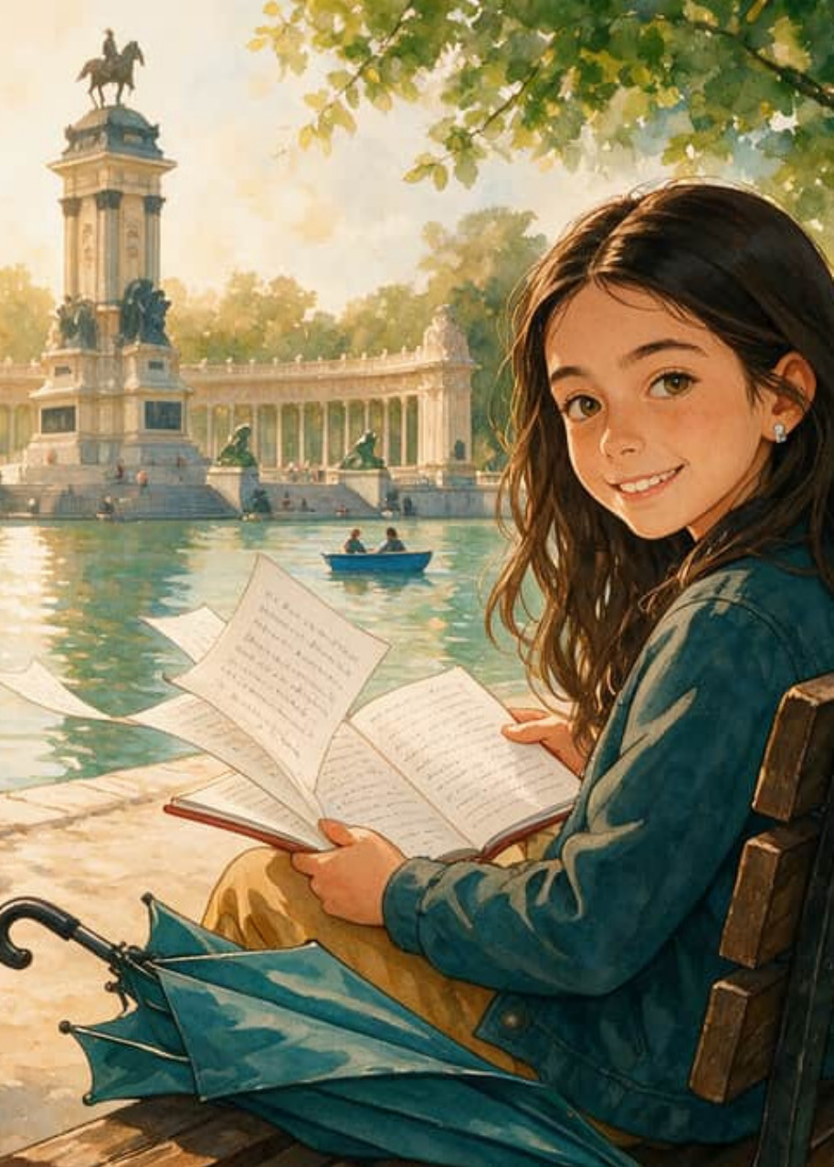 Emmiusca escribe en su cuaderno junto al estanque de El Retiro mientras el viento pasa las páginas