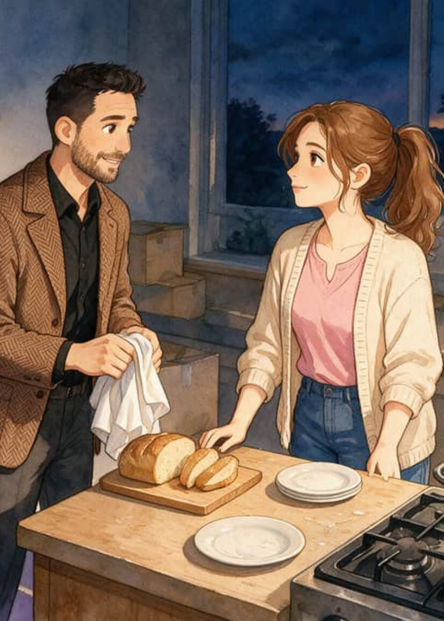 Diego seca dos platos mientras Lucía corta pan en la cocina nueva, todavía con cajas de la mudanza