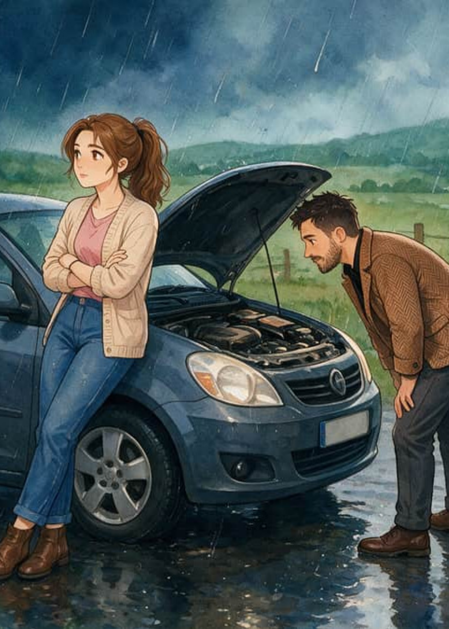 Lucía y Diego junto al coche averiado con el capó abierto, en una carretera vacía bajo la lluvia