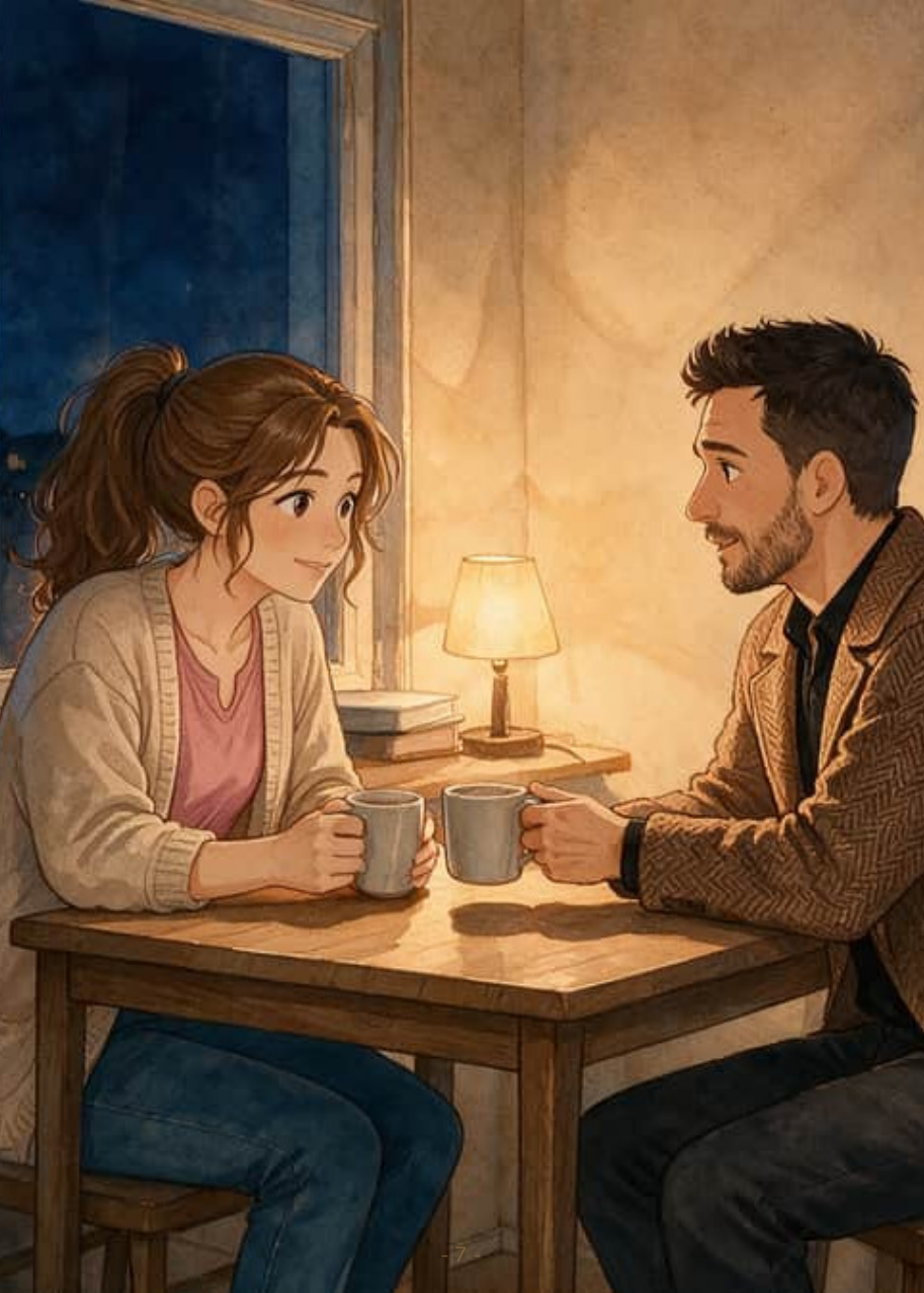Lucía y Diego conversan con dos tazas sobre la mesa, junto a la ventana del piso pequeño iluminada por una lámpara