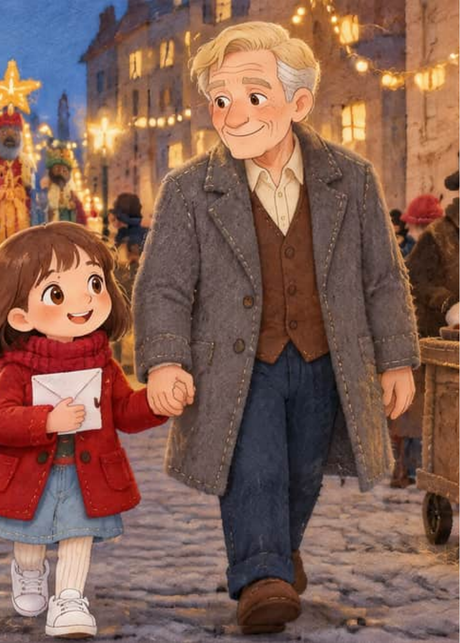 Martina, con abrigo rojo y bufanda, camina de la mano del abuelo Julio por una calle iluminada junto a un puesto de castañas, la tarde de la cabalgata de Reyes.