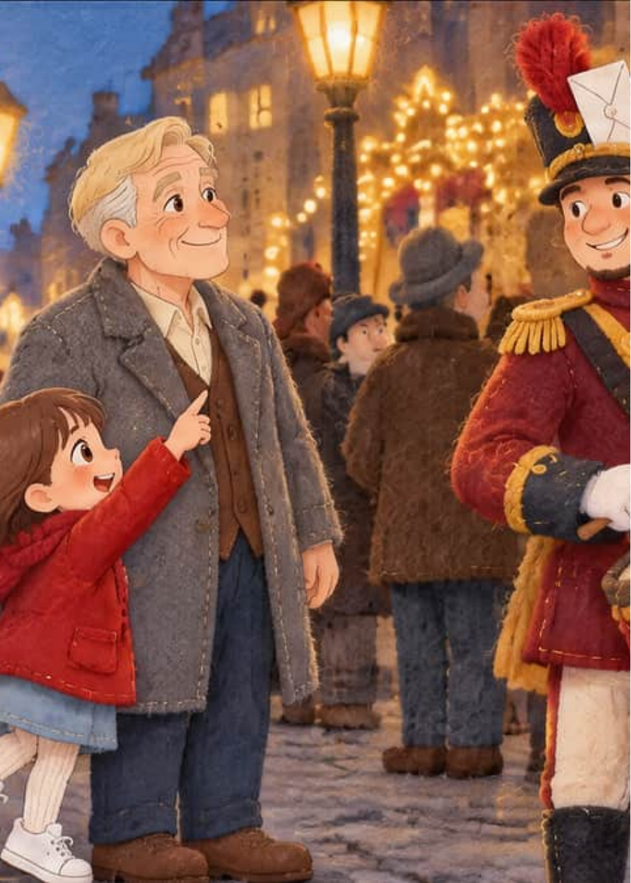 El abuelo Julio sonríe mientras Martina señala la carta, posada en el gorro de un músico que toca el tambor en la cabalgata de Reyes.