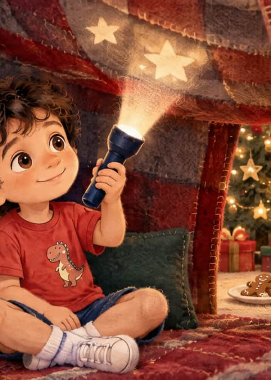 Daniel sits inside his blanket fort on Christmas Eve, shining his flashlight at the ceiling, with the lit Christmas tree behind him.