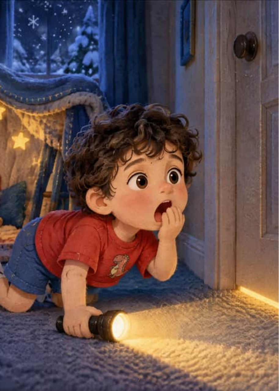 Daniel crawls out of his fort with his flashlight and stares at a golden glow shining under the closed hallway door.