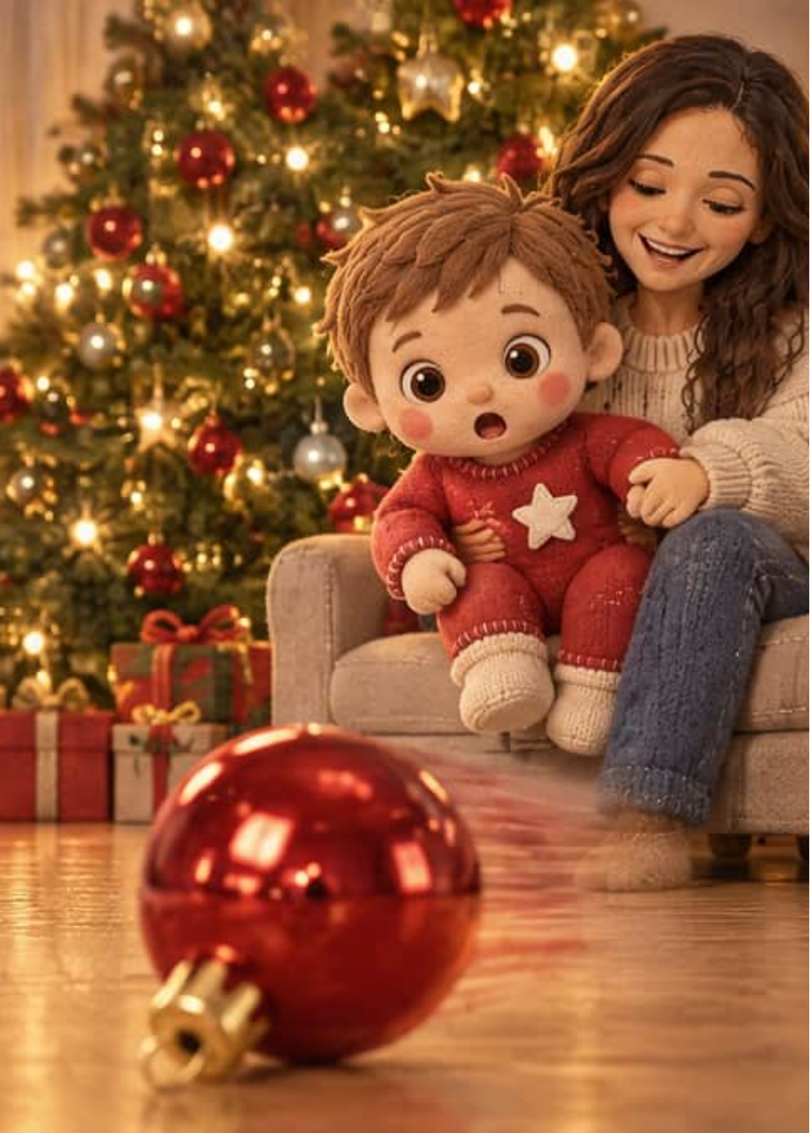 Una bola roja de Navidad rueda por el suelo de madera mientras Nico la mira desde el sofá, sentado junto a mamá.