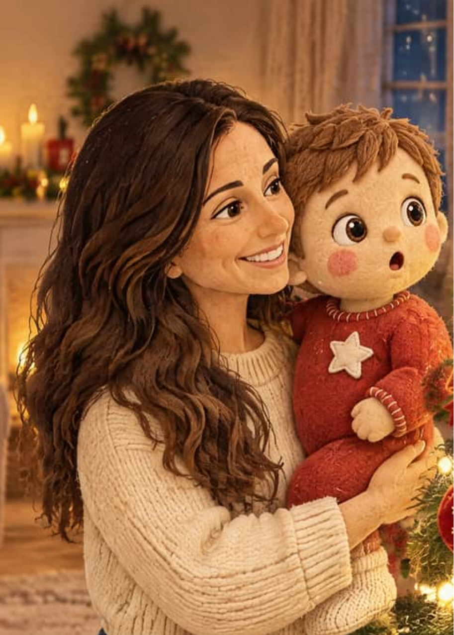 Mamá sostiene en brazos a Nico, un bebé con pelele rojo, que mira asombrado las luces recién encendidas del árbol de Navidad.