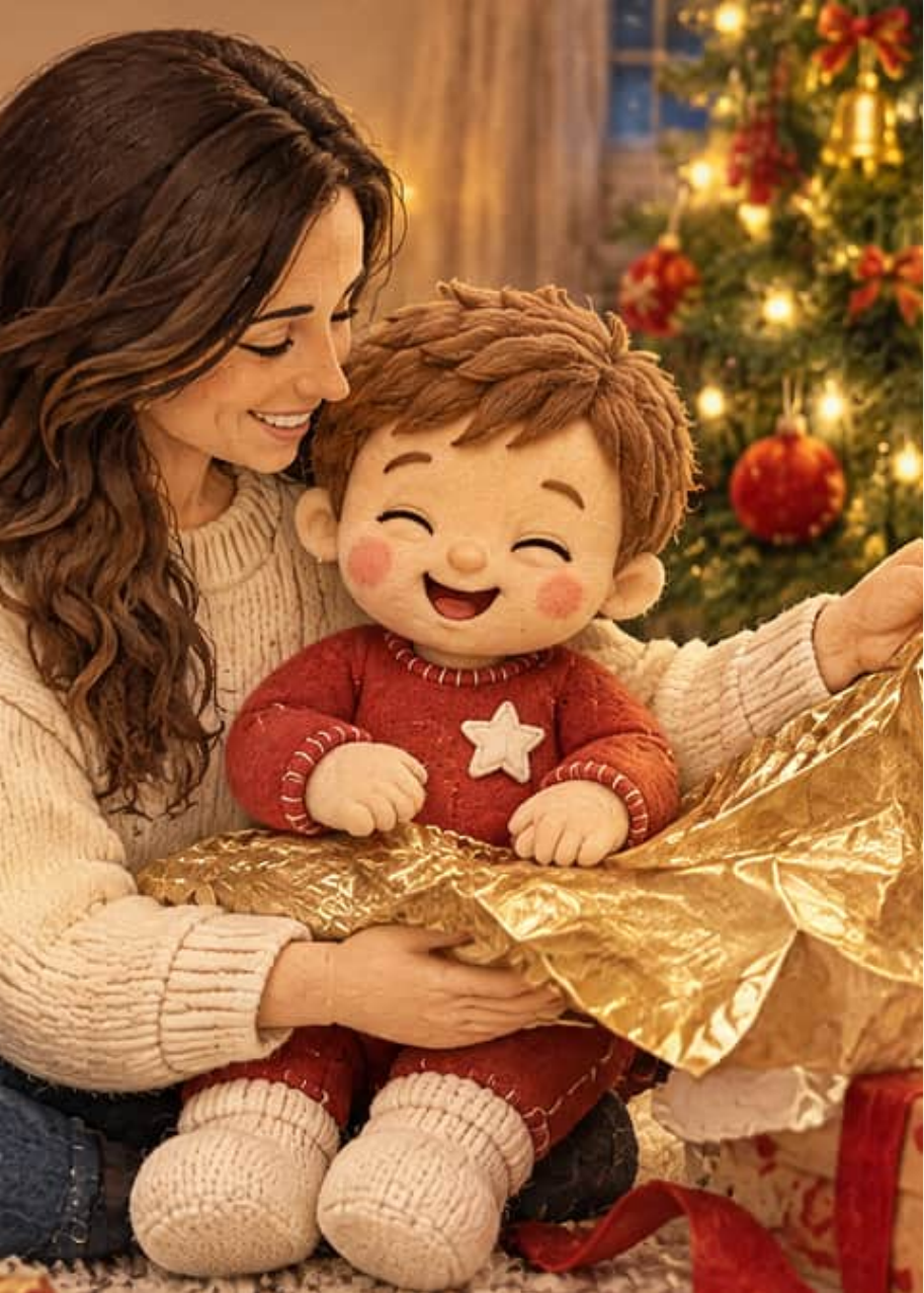 Nico, sentado en el regazo de mamá sobre la alfombra, ríe mientras toca un papel de regalo dorado junto al árbol de Navidad.