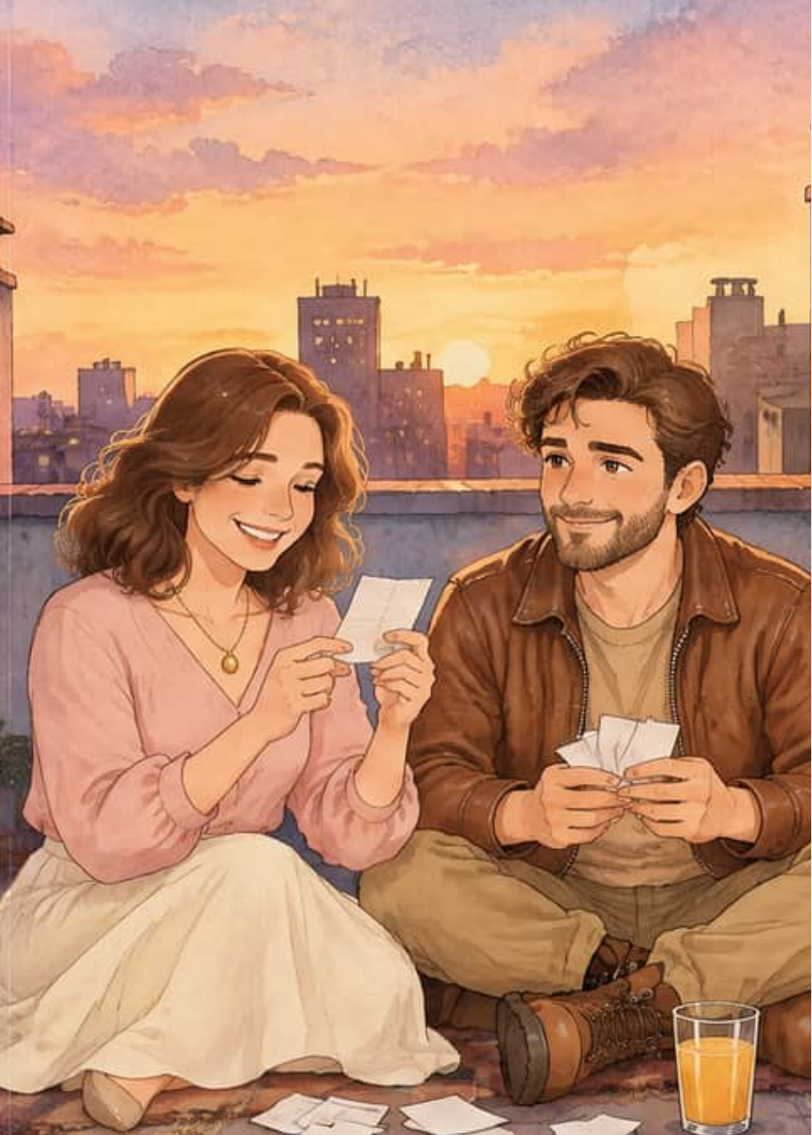 Camila y Martín sentados sobre una manta en la azotea al atardecer, leyendo papelitos con recuerdos junto a dos vasos de zumo
