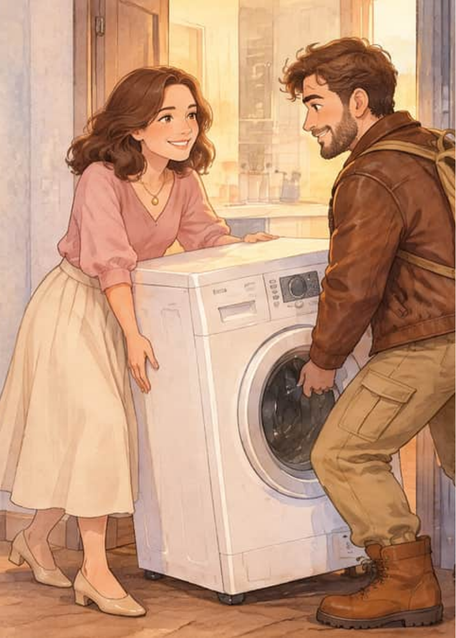 Camila empuja la lavadora atravesada en la puerta mientras Martín, con la mochila a la espalda, tira de ella hacia la cocina