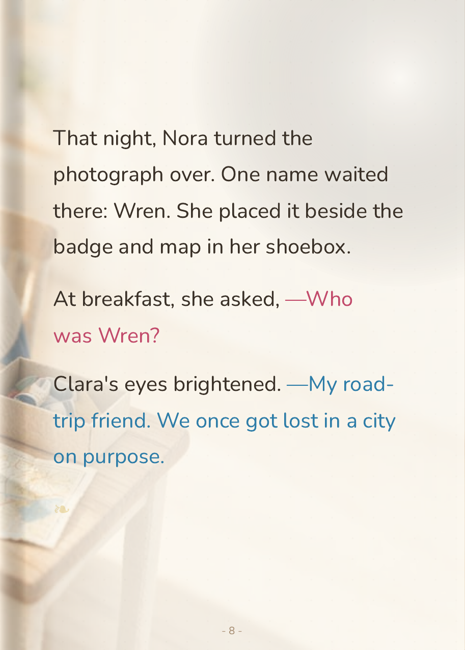 Nora stitching her paper clues into a tiny hand-made book for Mother's Day