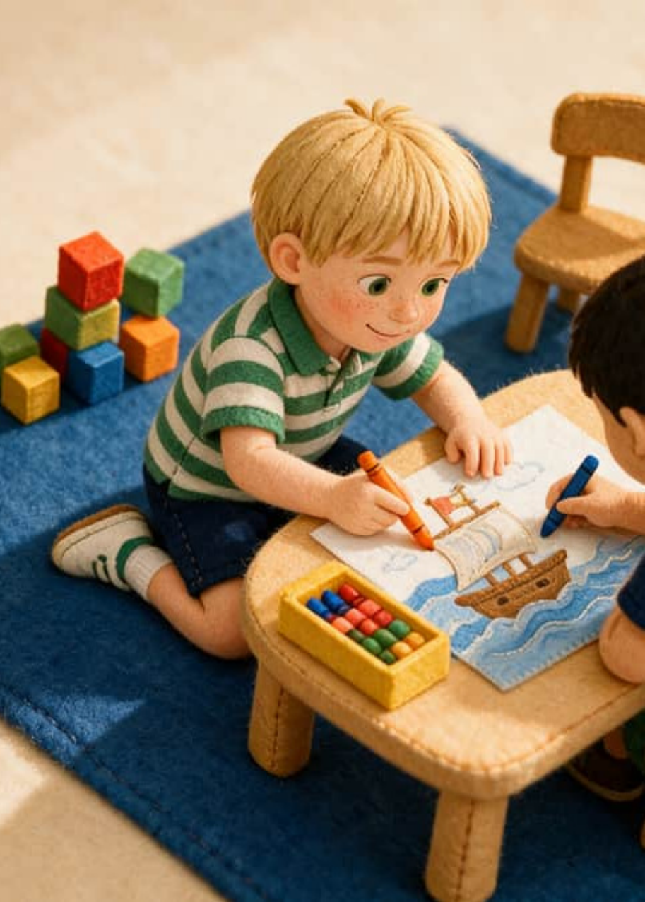 Leo and his new friend build a two-kid pirate ship in the block corner of the kindergarten classroom