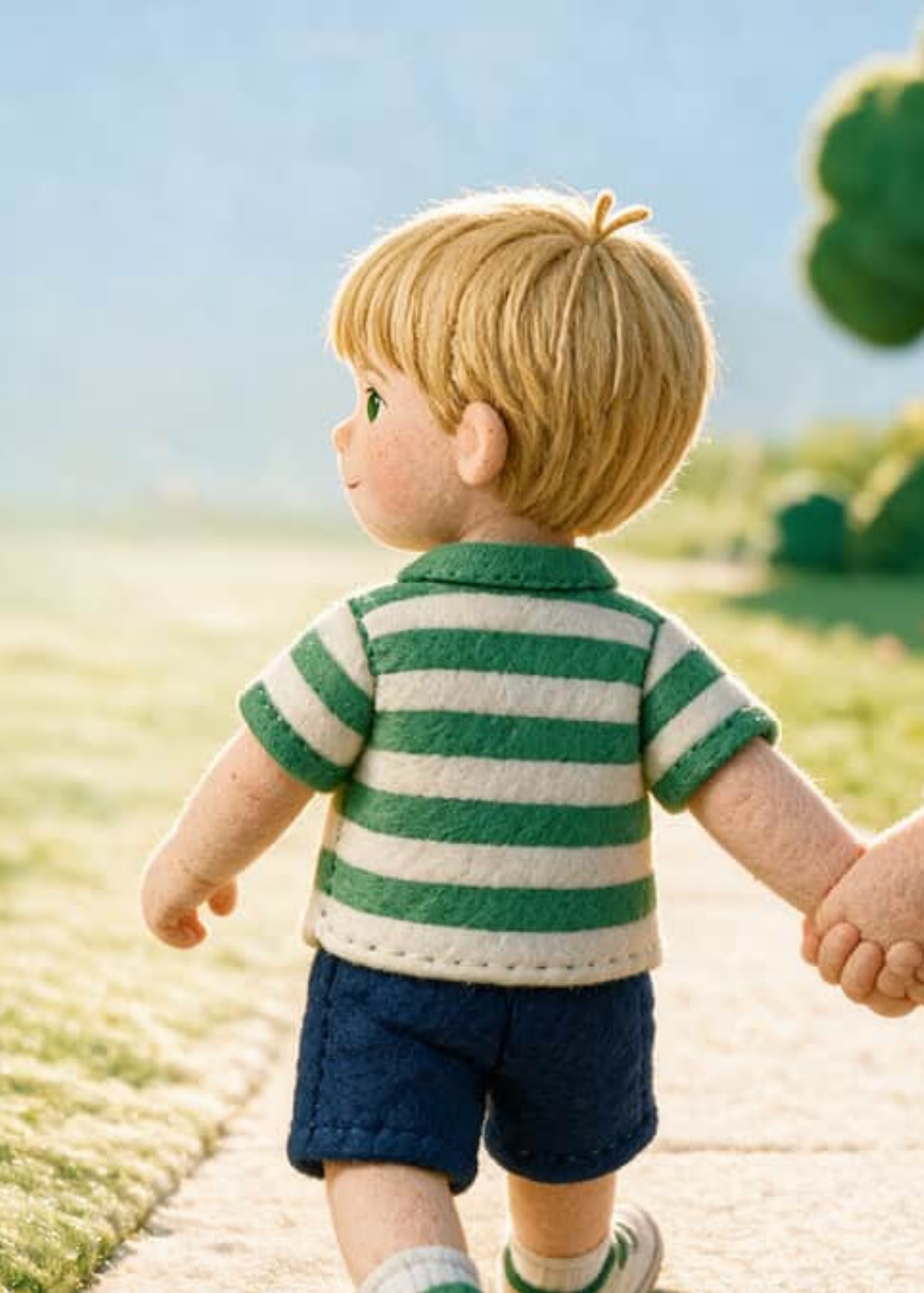 Leo's mum tucks a tiny folded paper star into the front pocket of his backpack before his first day of kindergarten