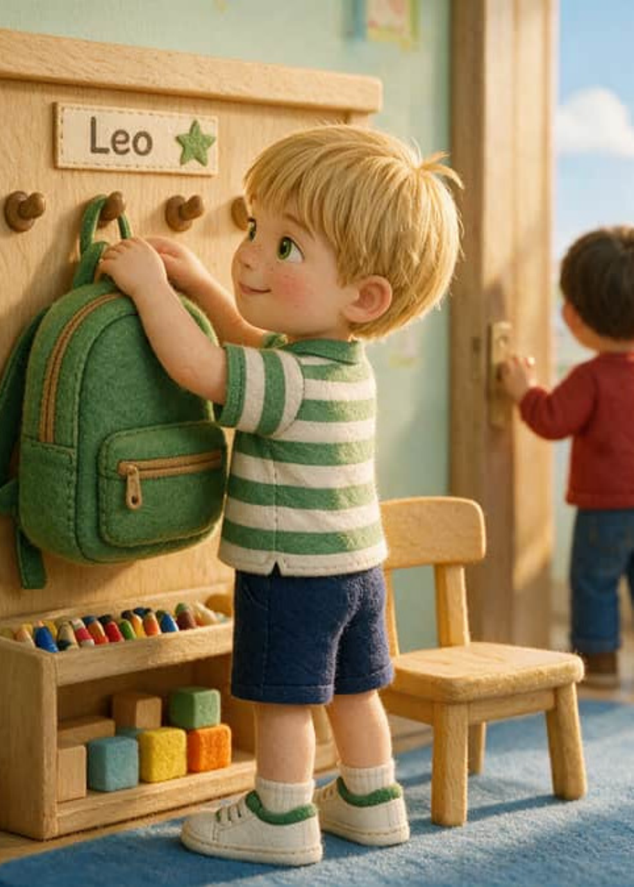 Leo holds out the good orange crayon to another child on their first day of kindergarten