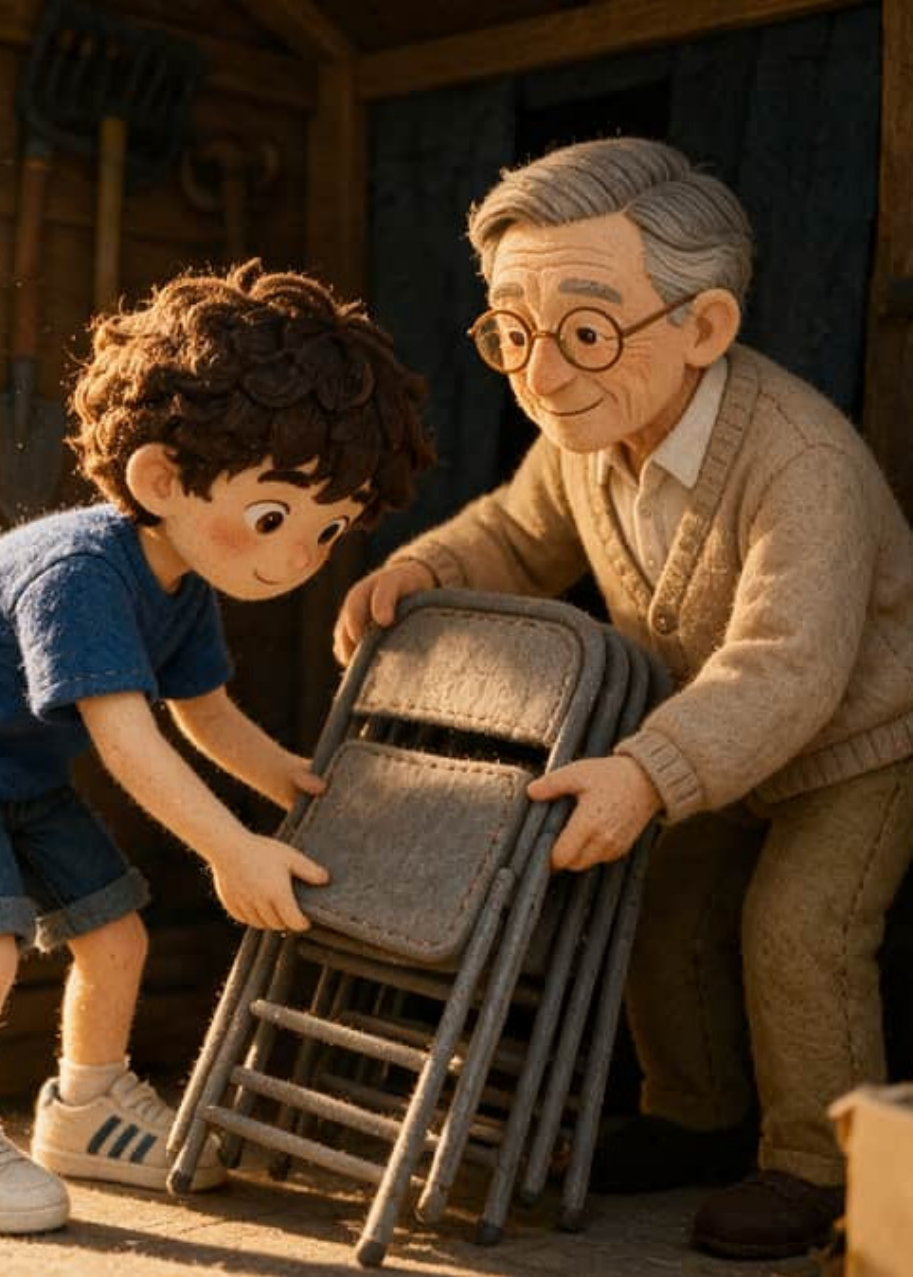 Teo coloca las sillas en filas en el jardín del abuelo Antonio al atardecer