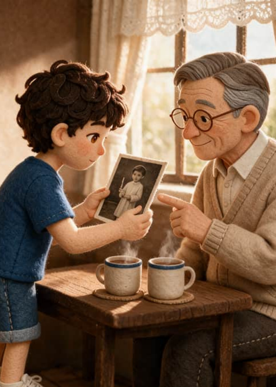 Teo y el abuelo Antonio cuelgan una guirnalda de banderines en el jardín