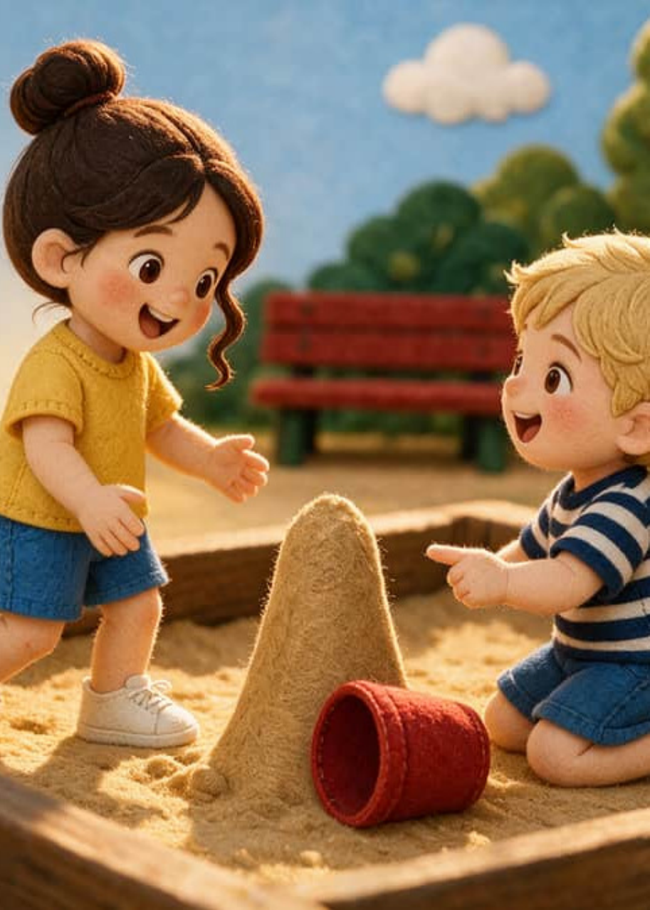 Lucas packing sand while Valentina holds the bucket steady, their four hands working together