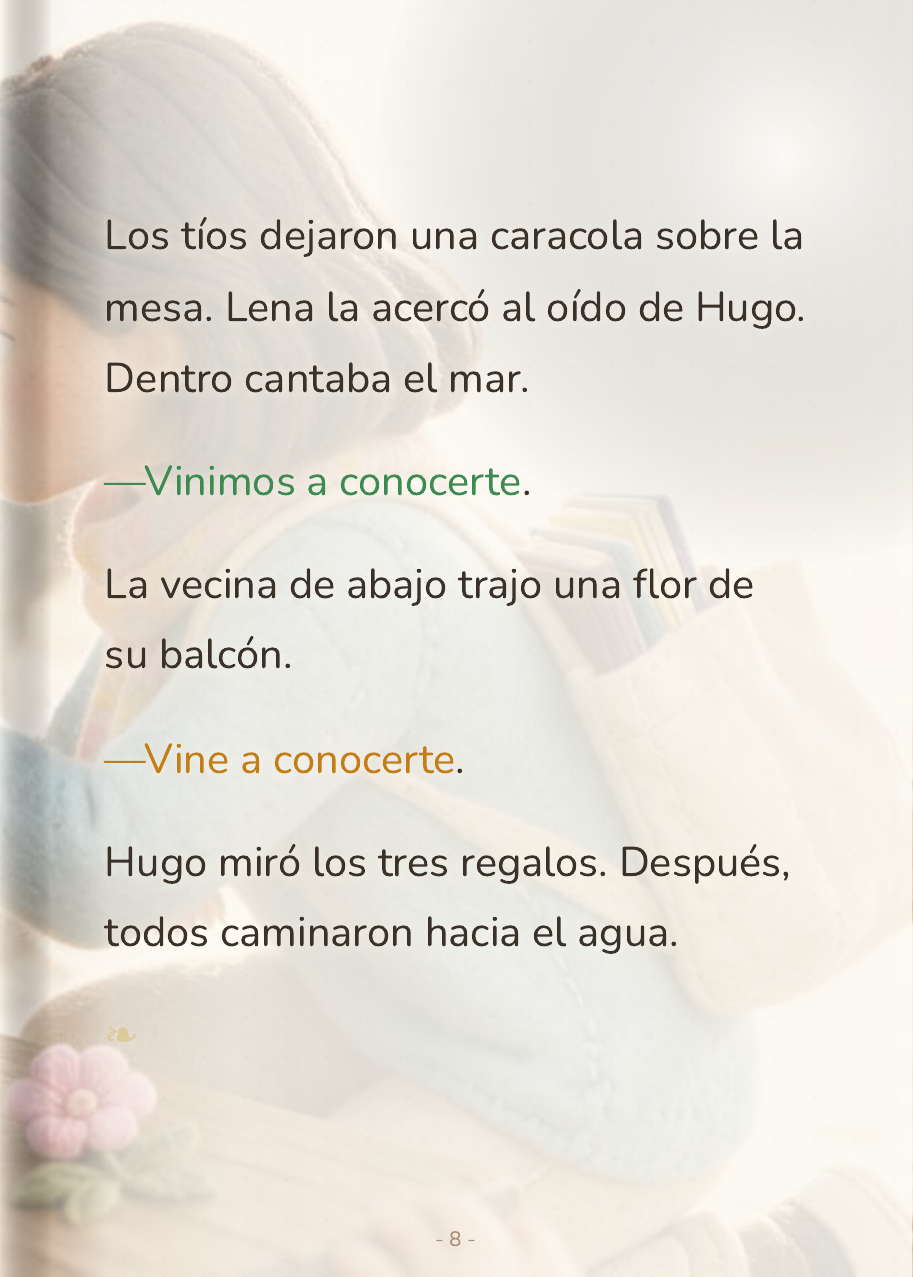 Lena acerca al oído de Hugo la caracola que trajeron sus tíos