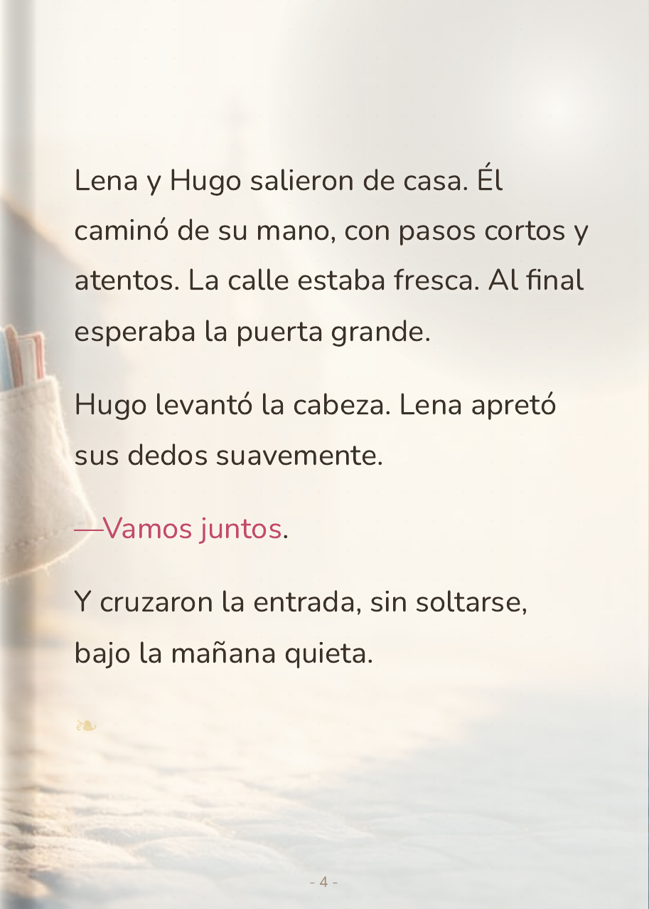 Hugo camina de la mano de su madre Lena por la calle fresca, hacia la puerta grande