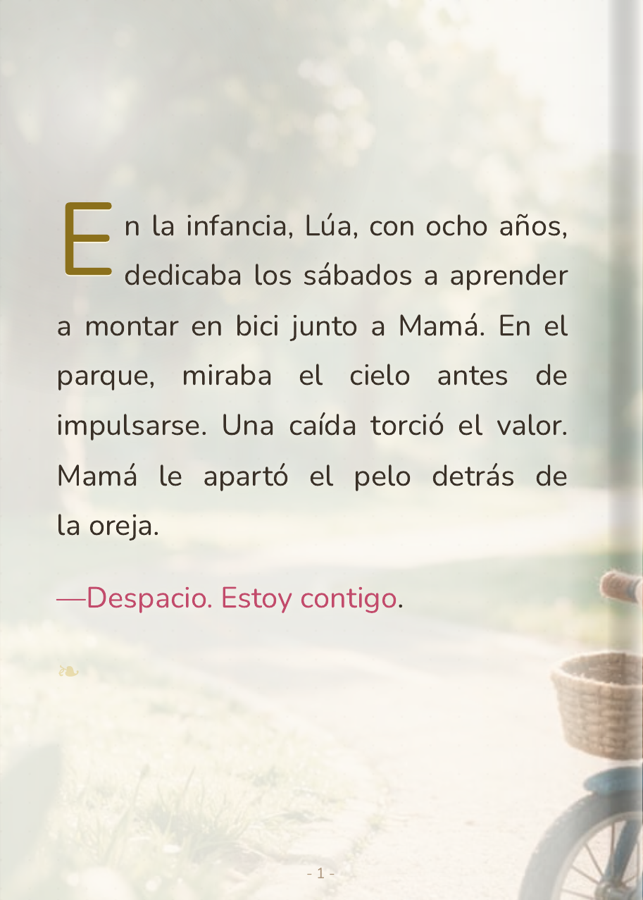 Lúa, de ocho años, aprende a montar en bici en el parque mientras su madre la acompaña