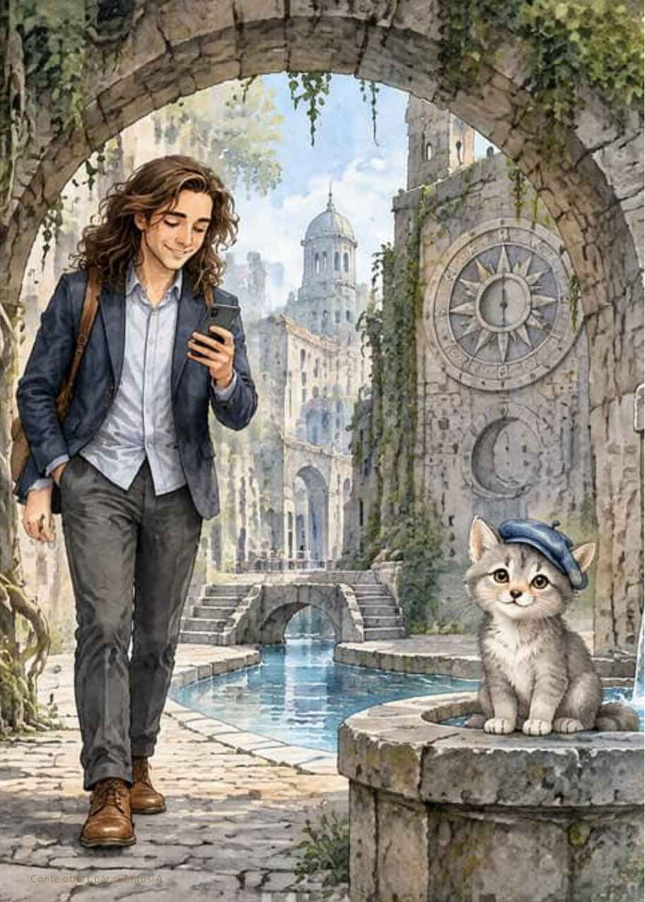 Najib franchit l'arche de pierre et entre dans la cité ancienne, son téléphone à la main, tandis que le chat gris l'attend assis sur la margelle d'une fontaine