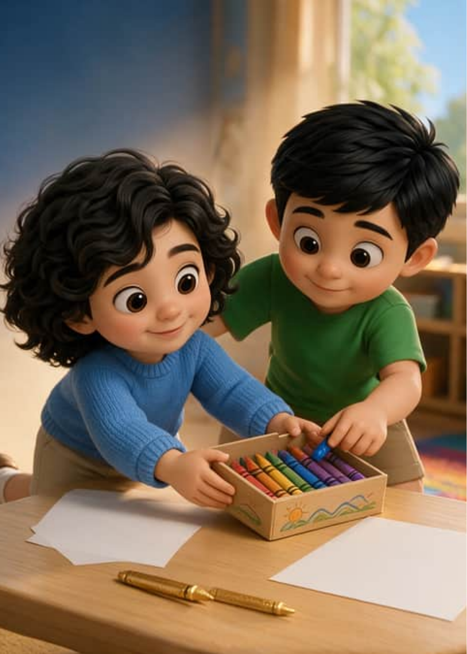 Leo abre su caja de crayones sobre la mesa y Tyron elige el crayón azul para dibujar